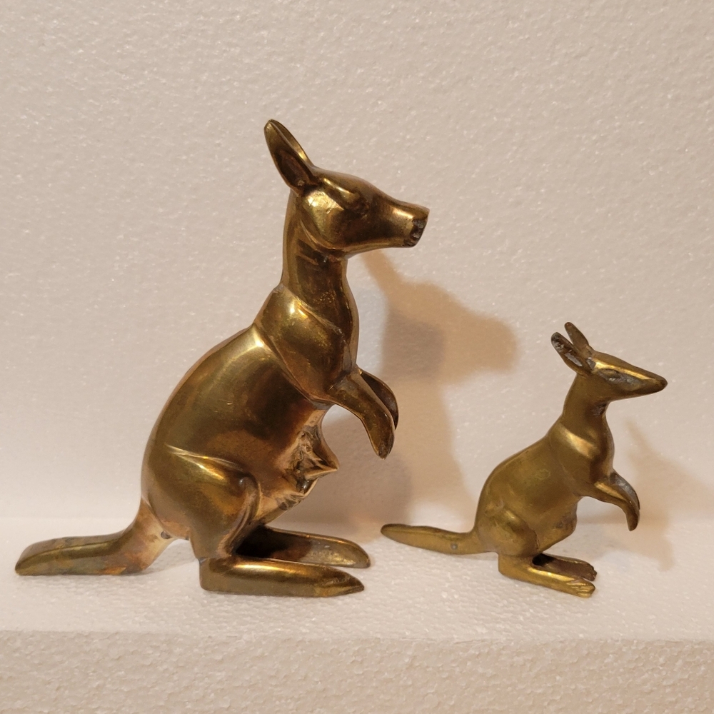 Mid Century Pair of Brass Kangaroo & Joey plus Small Kangaroo Figurines
